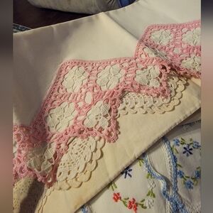 Vintage Pillow Cases Hand Tatted Lace Embroidery Three Sets